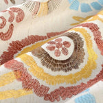 Décoration textile avec motifs géométriques colorés, teintes marron, jaune, et bleu, style bohème pour intérieur moderne et tendance. Idéal pour coussins, rideaux et créations décoratives.