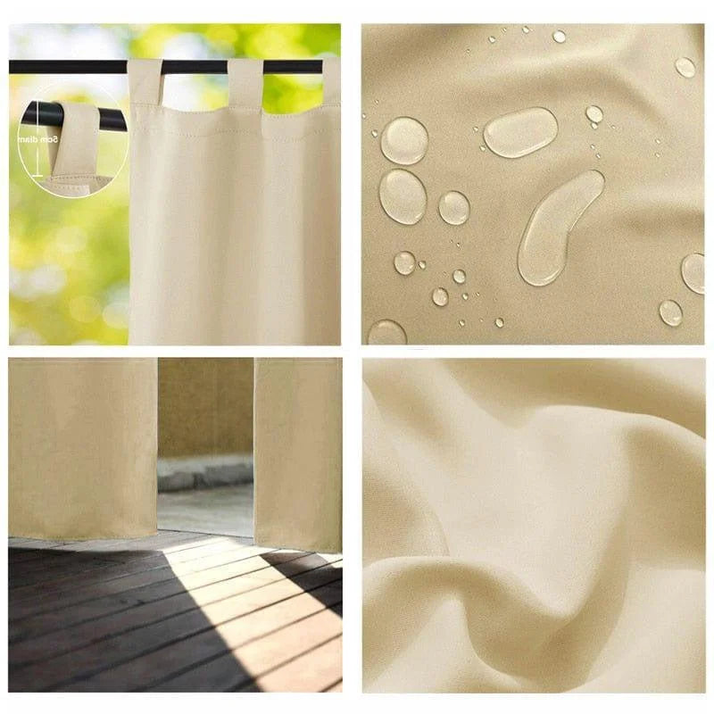 Rideau beige imperméable pour intérieur et extérieur, idéal pour les terrasses et les balcons. Design élégant et moderne, facile à installer avec des passants robustes. Protection efficace contre les intempéries et la lumière, parfait pour embellir votre espace de vie.