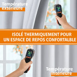 Comparaison de température entre l'extérieur et l'intérieur grâce au rideau isolant thermique blanc, démontrant son efficacité.