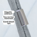 Système magnétique renforcé du rideau de porte, composé d’un aimant puissant, d’un tissu non tissé insonorisant et d’un revêtement extérieur robuste.