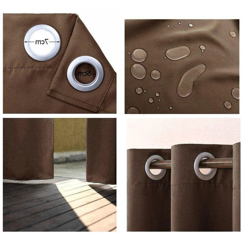 Rideau occultant brun avec œillets, imperméable, idéal pour chambre ou salon. Protection solaire efficace, installation facile, taille standard. Crée une ambiance chaleureuse et intime tout en bloquant la lumière et réduisant les bruits extérieurs. Parfait pour optimiser l'efficacité énergétique de votre intérieur.