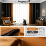 Rideau jaune et café occultant à ruflette, style contemporain avec zoom sur la texture du tissu et indication de teinte 95%.