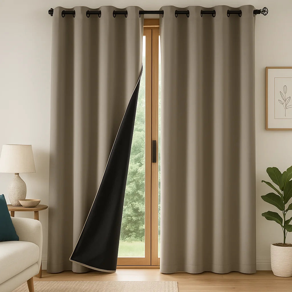 Rideaux occultants khaki avec doublure noire, installés sur une grande baie vitrée en bois, apportant une touche élégante et sobre à un salon moderne.