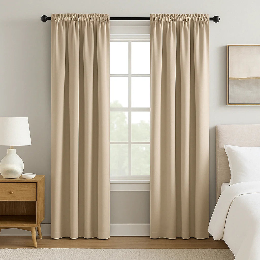 Rideaux marron clair de 150 cm de large installés dans une chambre lumineuse au style minimaliste avec un lit et une table de chevet en bois clair.