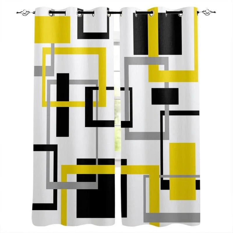 Rideaux modernes à œillets avec motif géométrique en noir, jaune et gris pour salon ou chambre. Ajoutez une touche contemporaine et élégante à votre décoration intérieure grâce à ces rideaux au design unique. Idéal pour apporter une ambiance dynamique et colorée à vos espaces de vie.