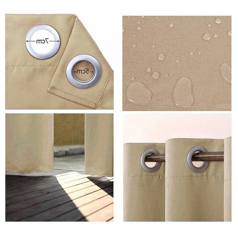 Rideau extérieur beige avec œillets métalliques de 7 cm, résistant à l'eau, idéal pour terrasse ou jardin. Protège contre les intempéries tout en laissant passer la lumière. Design moderne et pratique pour une installation facile. Parfait pour créer un espace ombragé et intime en extérieur.