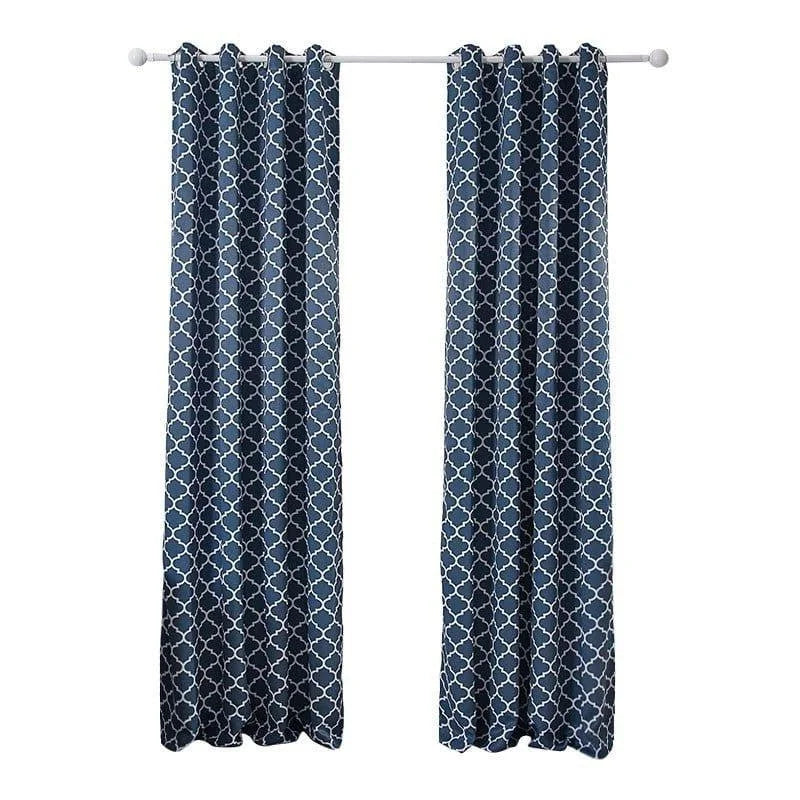 Rideau bleu à motifs géométriques élégant et moderne, idéal pour la décoration intérieure de salon ou chambre, ajoutant une touche de style et de couleur à votre espace.