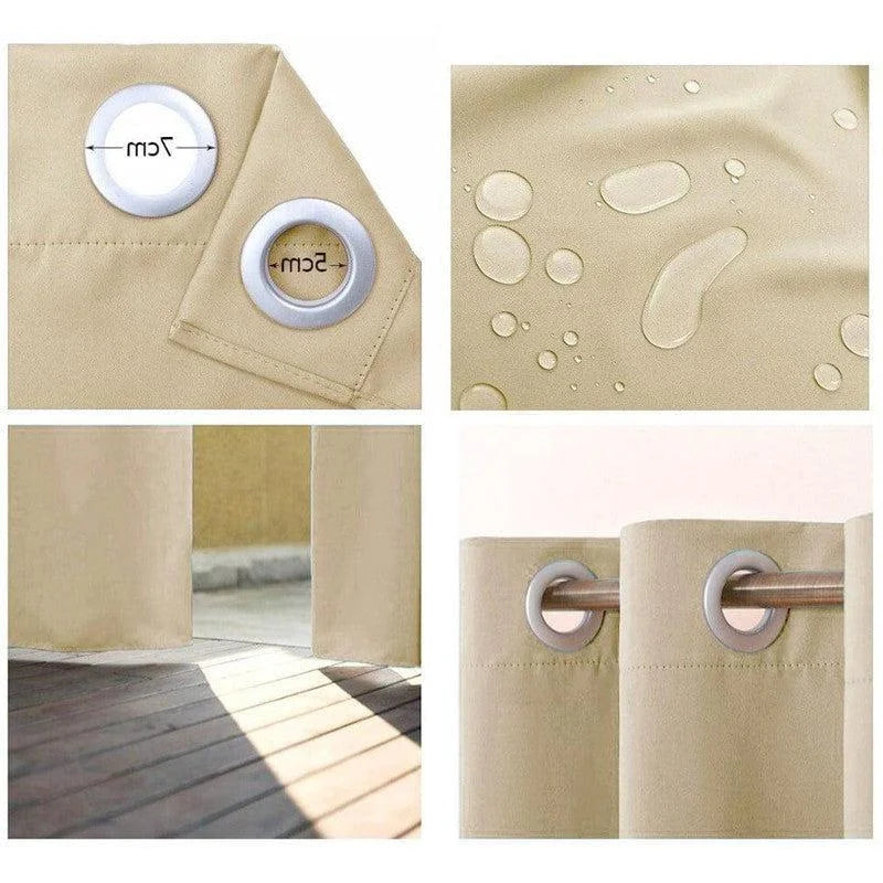 Rideau beige avec œillets solides, imperméabilité garantie. Idéal pour une utilisation intérieure et extérieure grâce à sa résistance à l'humidité. Parfait pour embellir vos espaces tout en bloquant les rayons du soleil. Installation facile et rapide. Accessoire de décoration fonctionnel et esthétique.