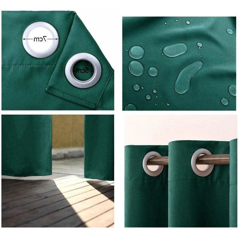 Rideau vert imperméable avec œillets de 7 cm, idéal pour l'extérieur. Protection efficace contre l'humidité, parfait pour la terrasse ou le jardin. Bloque la lumière tout en ajoutant une touche élégante à votre espace extérieur. Installation facile grâce à ses œillets renforcés. Accessoire décoratif et fonctionnel pour toute saison.