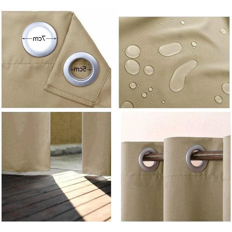 Rideau beige imperméable avec œillets métalliques de 7 cm de diamètre. Idéal pour une protection efficace contre la pluie sur les balcons et terrasses. Conçu pour résister aux intempéries tout en offrant une élégance discrète à votre espace extérieur. Facile à installer et à ajuster pour un usage quotidien.