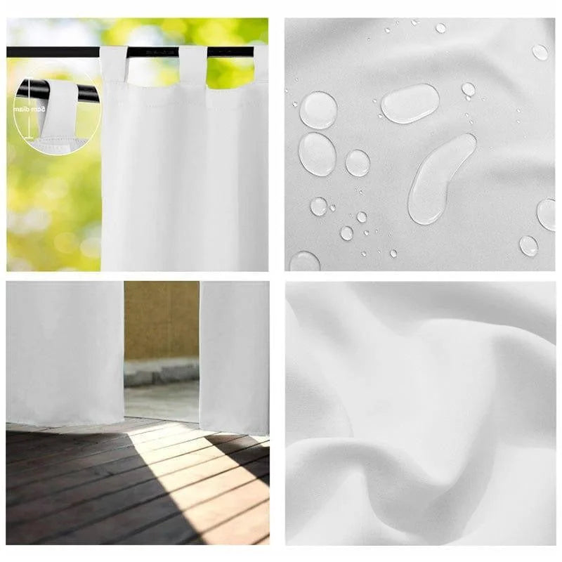 Rideau blanc imperméable pour intérieur et extérieur, idéal pour la salle de bain et les espaces extérieurs. Facile à accrocher avec des passants solides, il offre une protection efficace contre l'humidité et conserve son élégance avec un tombé fluide et élégant. Parfait pour ajouter une touche lumineuse et moderne à votre décoration.