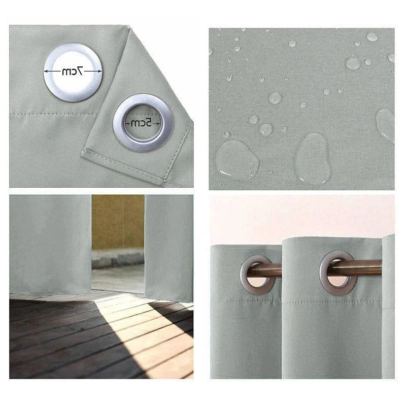 Rideau imperméable gris avec œillets métalliques, disponible en plusieurs tailles, idéal pour l'intérieur et l'extérieur. Ce rideau moderne et élégant offre une protection efficace contre la lumière tout en ajoutant une touche décorative à votre espace. Parfait pour préserver votre intimité et embellir votre décor.