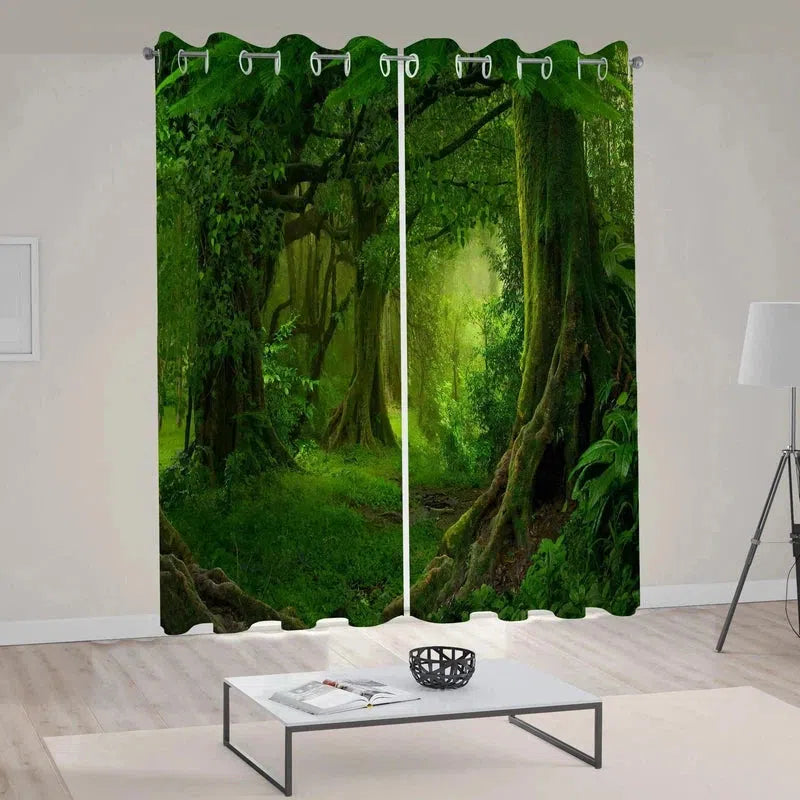 Rideaux décoratifs représentant une forêt luxuriante pour salon moderne, créant une ambiance naturelle et apaisante. Ces rideaux à œillets ajoutent une touche de verdure et de tranquillité à votre intérieur, parfaits pour une décoration inspirée par la nature. Idéal pour les espaces lumineux et contemporains.