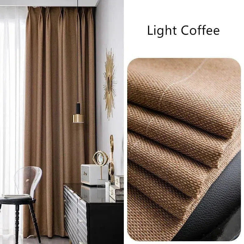 Rideaux élégants de couleur café clair pour salon moderne, offrant une ambiance chaleureuse et accueillante, parfaits pour compléter la décoration intérieure avec style. Adaptés pour filtrer la lumière tout en apportant une touche de sophistication à votre espace de vie.
