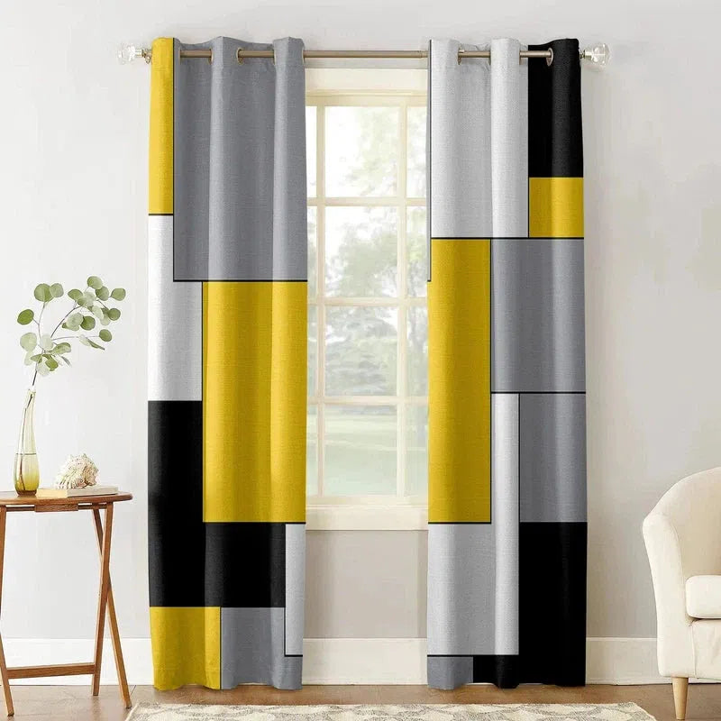 Rideaux modernes à motifs géométriques colorés, mêlant jaune, gris, noir et blanc. Idéals pour ajouter une touche contemporaine à votre salon ou chambre, ces rideaux rehausseront la décoration intérieure avec élégance et style. Fonctionnels et esthétiques, ils permettent de contrôler la luminosité tout en apportant une note artistique à vos espaces de vie.