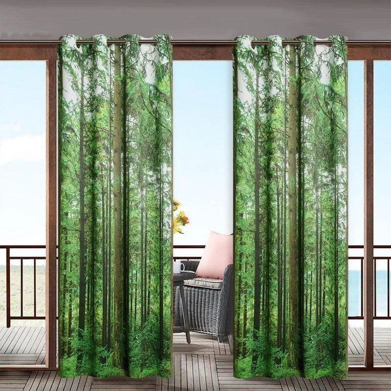 Rideaux imprimés forêt verte, décor mural élégant pour salon avec vue extérieure, ambiance nature apaisante, idéal pour personnaliser votre espace de vie.