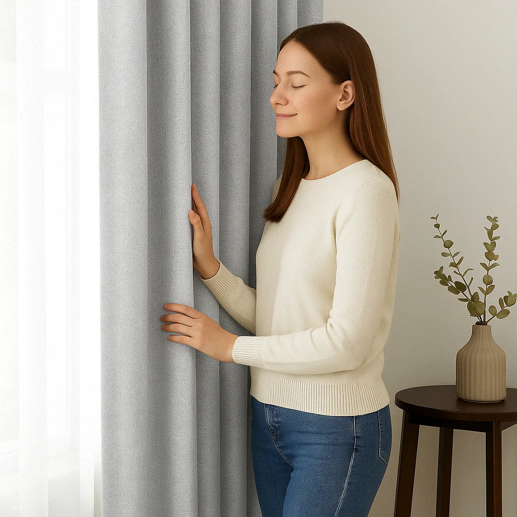 Femme brune aux yeux fermés touchant un voilage gris clair dans un intérieur lumineux, transmettant une sensation de confort et de calme.