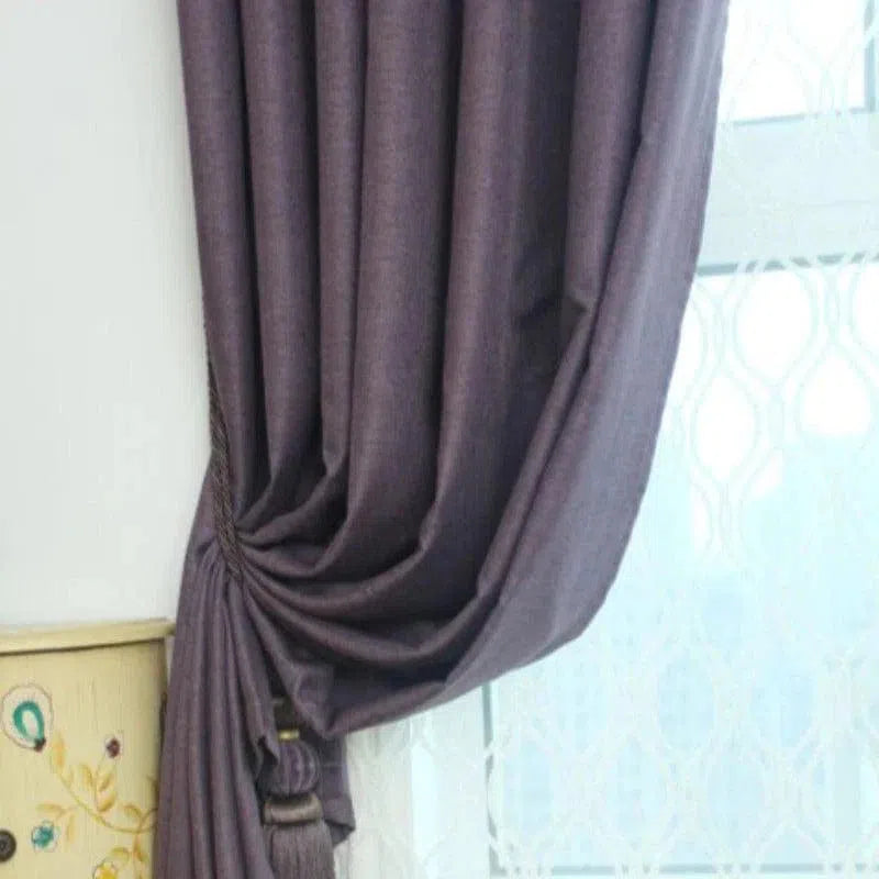 Rideau élégant couleur prune pour salon, photo montrant un style sophistiqué et moderne avec une attache décorative raffinée, idée déco idéale pour ajouter une touche de distinction à votre intérieur.