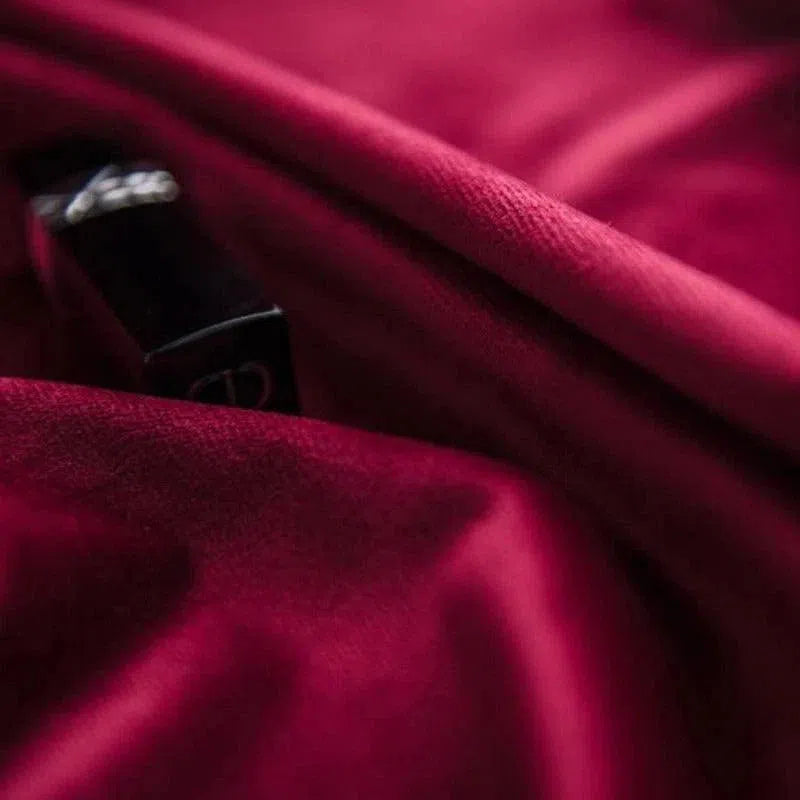 Texte alternatif : "Rideau en velours rouge luxueux, texture douce et raffinée, idéal pour une décoration d'intérieur élégante et contemporaine."