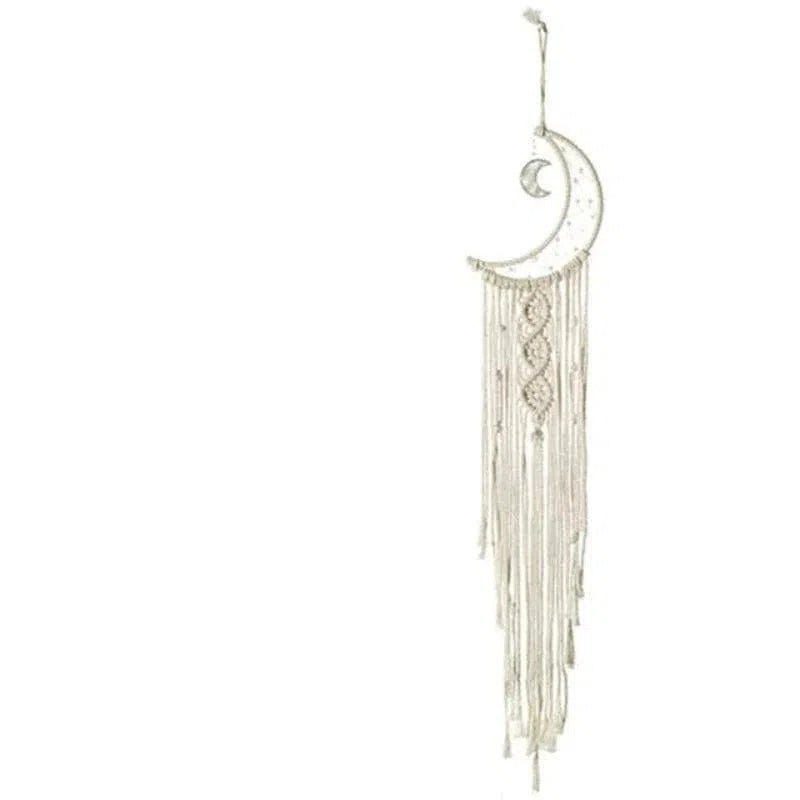 Suspension décorative attrape-rêves en forme de croissant de lune, idéale pour un intérieur bohème ou zen. Accessoire de décoration mural avec longues franges et motifs élégants, parfait pour embellir une chambre ou un salon avec une touche poétique et apaisante.